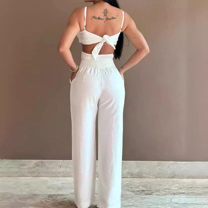Women’s Jumpsuit – Fitted Bodice – Wide Leg – Backless – Bow Front – Cut-Out Detail