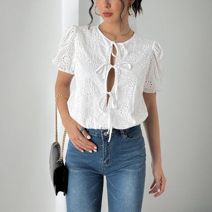 Women’s Blouse – Cotton Blend – Lace Cut-Out – Puff Sleeve – Relaxed Fit – Front Tie
