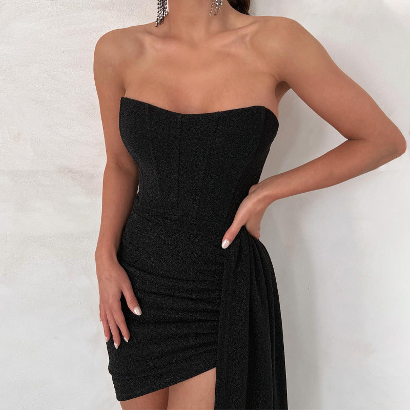 Women’s Mini Dress – Strapless Bodycon Fit – Satin Feel – Draped Waist Asymmetrical Hem