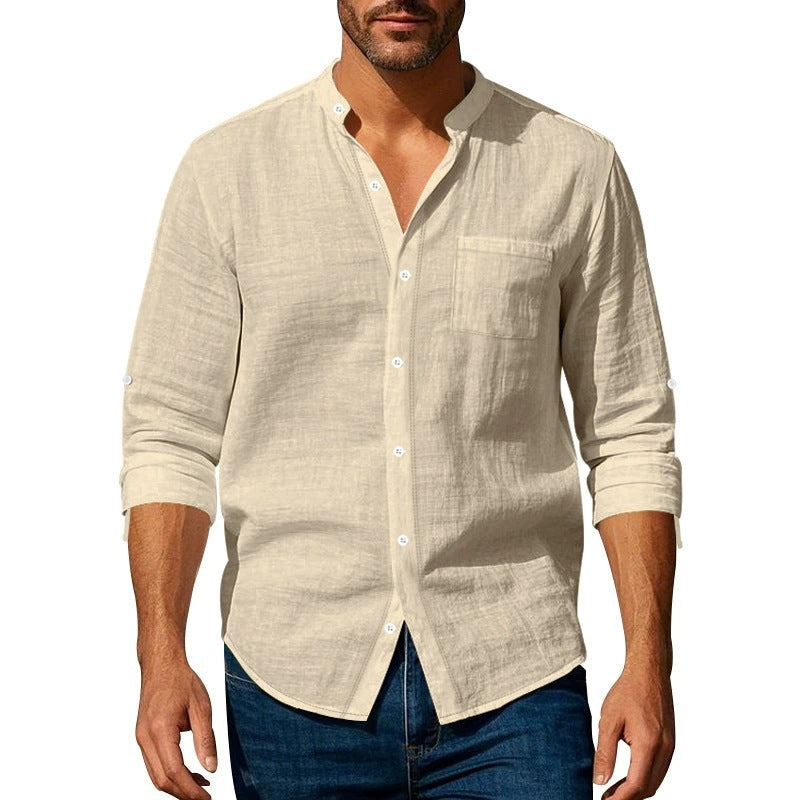Men’s Long Sleeve Shirt – Relaxed Fit – Linen – Band Collar – Button Tab Sleeves