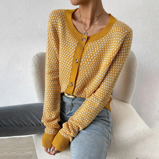 Women’s Cardigan – Wool Blend Knit – Button Front – Geometric Pattern – Ribbed Trim