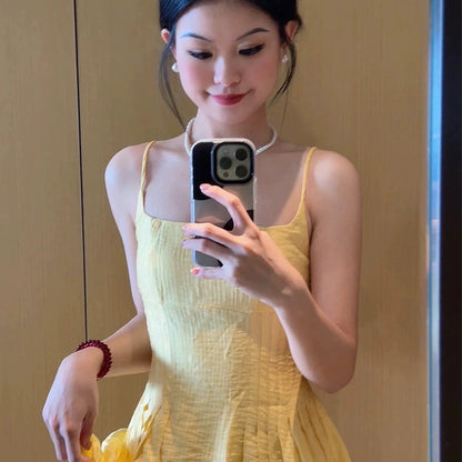 Women's Sundress - Spaghetti Straps - Flared Skirt - Elegant Yellow