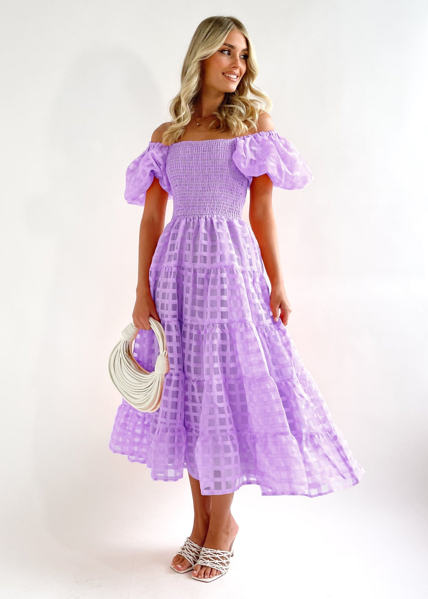 Women’s Maxi Dress – Off-Shoulder – Puff Sleeves – Smocked Waist – Tiered Skirt – Breathable Blend