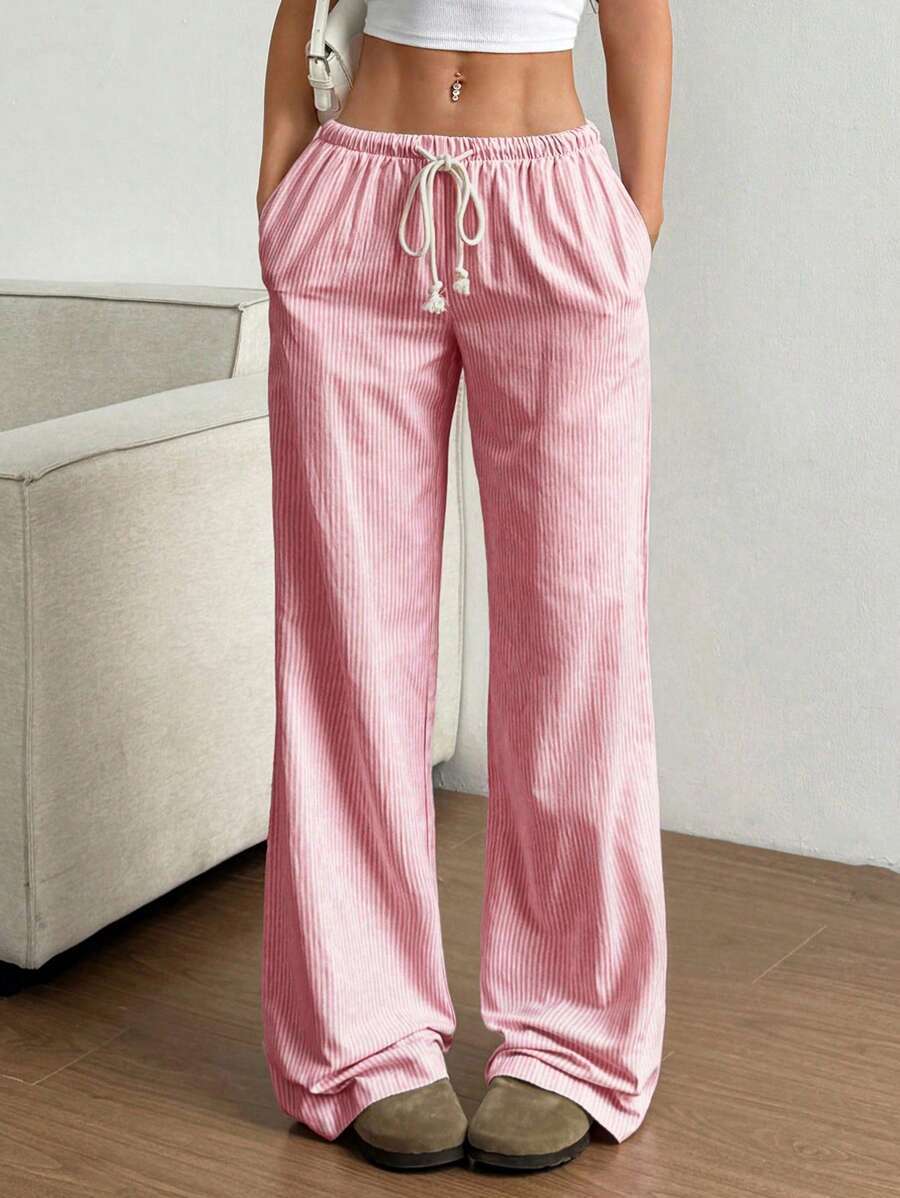 Women’s Wide-Leg Trousers – Cotton Blend – Relaxed Fit – Drawstring Waist – Striped