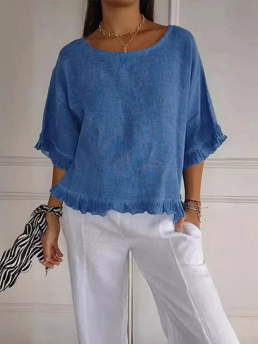Women’s Blouse – Cotton Linen – Relaxed Fit – Short Sleeve – Ruffle Hem – Round Neck