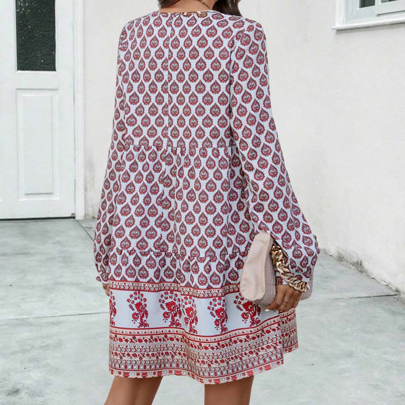 Women's Boho Midi Dress - Flowy Fit - Long Sleeve - Keyhole Neckline - Printed Pattern