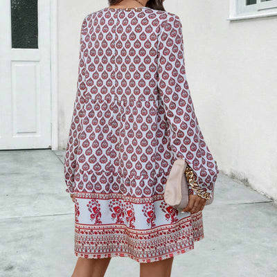 Women's Boho Midi Dress - Flowy Fit - Long Sleeve - Keyhole Neckline - Printed Pattern