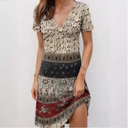 Women’s Mini Dress – Boho Patchwork – Relaxed Fit – Deep V-Neck – Cotton
