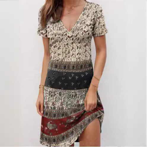 Women’s Mini Dress – Boho Patchwork – Relaxed Fit – Deep V-Neck – Cotton