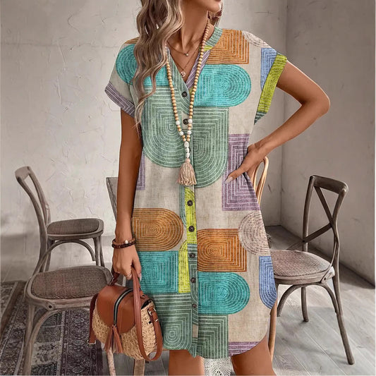 Women’s V-Neck Dress – Relaxed Fit – Button Front – Short Sleeve – Breathable Blend