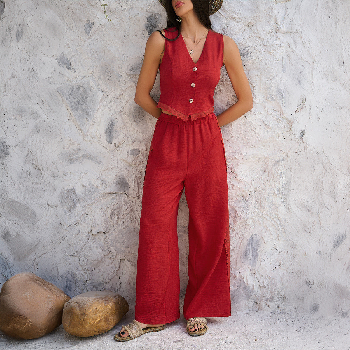 Women’s Vest and Wide-Leg Trousers Set – Tailored Fit – Lace Trim – High Waist – Breathable
