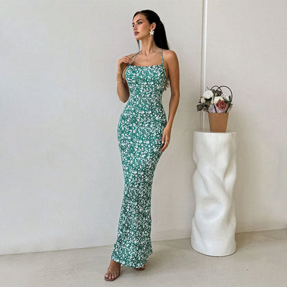Women’s Sundress – Slim Fit – Spaghetti Straps – Floral Print – Full Length – Open Back