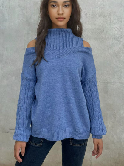 Women’s Knitted Sweater – Off-Shoulder – Lantern Sleeve – Cable Knit – Relaxed Fit