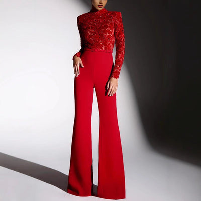 Women’s Jumpsuit – Embroidered Lace Top – Belted Waist – Flared Leg Elegant Fit
