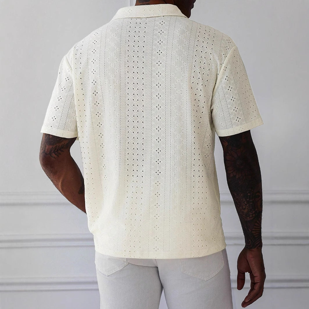 Men’s Knit T-Shirt – Relaxed Fit – Jacquard Lace – V-Neck – Short Sleeve Breathable