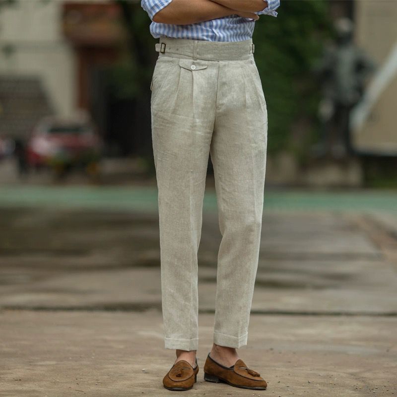 Men’s Trousers – Slim Fit – High Waist Linen – Pleated Front – Business Casual