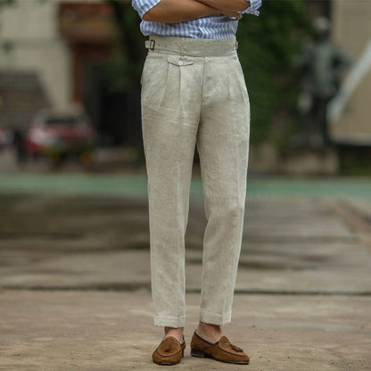 Men’s Trousers – Slim Fit – High Waist Linen – Pleated Front – Business Casual