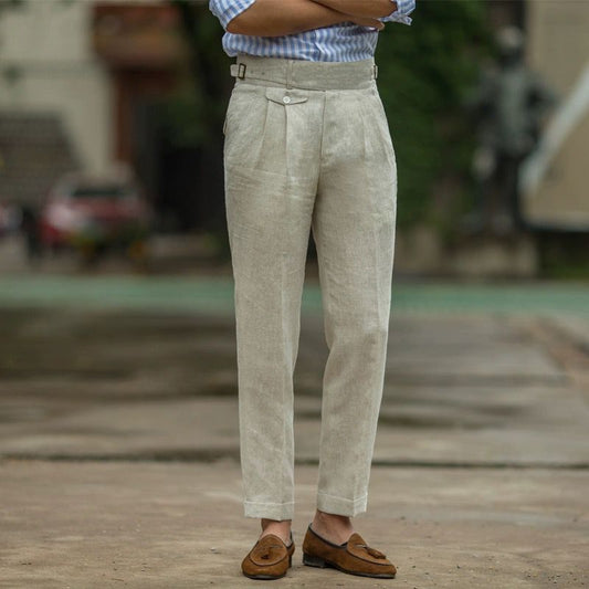 Men’s Trousers – Slim Fit – High Waist Linen – Pleated Front – Business Casual