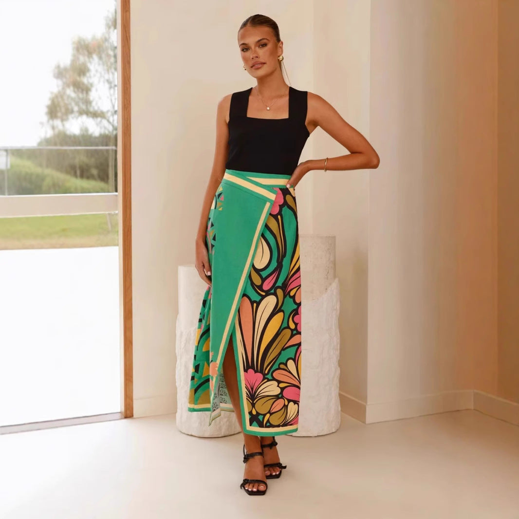 Women’s Midi Skirt – Slim Fit – High Waist – Front Slit – Abstract Print – Breathable Fabric