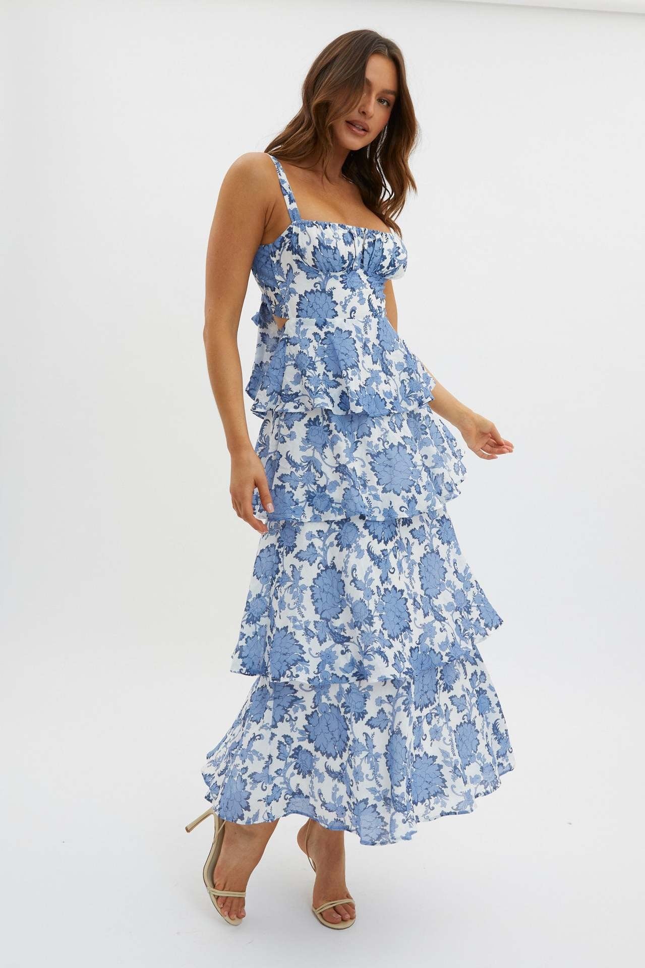 Women’s Midi Dress – Slim Fit Bodice – Ruffled Skirt – Sleeveless Floral Print