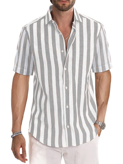 Men’s Button-Up Shirt – Relaxed Fit – Cotton – Short Sleeve – Striped Casual Style