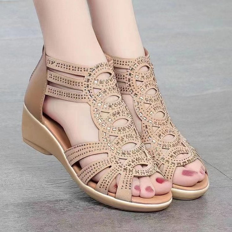 Women’s Sandals – Soft Leather – Medium Heel – Cut-Out Straps – Open Toe Stylish Fit
