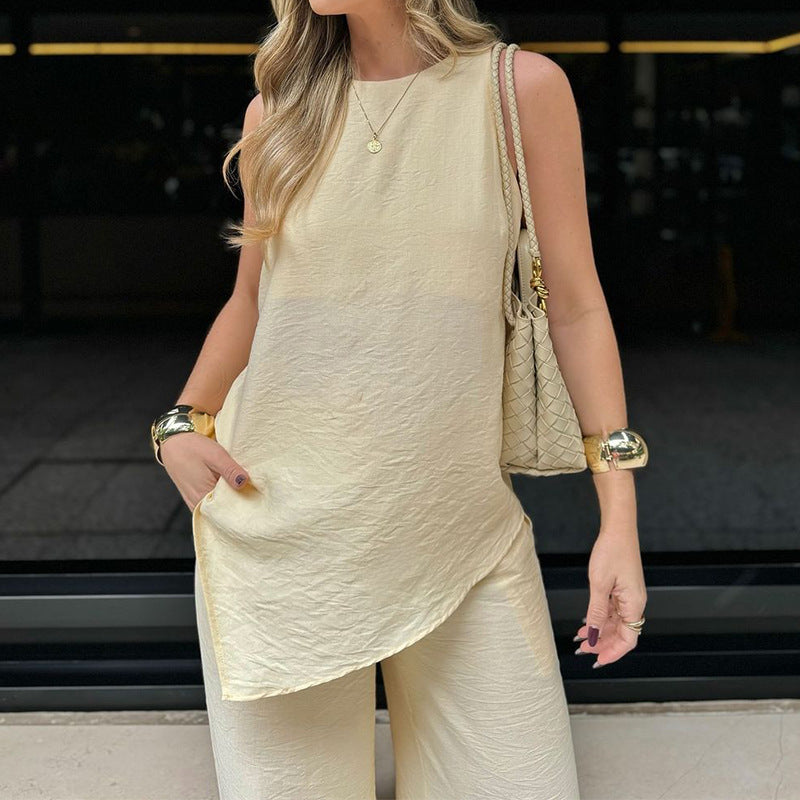 Women’s Two-Piece Set – Sleeveless Asymmetrical Top – Wide-Leg Pants – Crinkled Fabric
