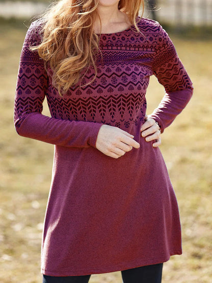 Women’s Long Sleeve Dress – Relaxed Fit – Brushed Fabric – Ethnic Print – Round Neck