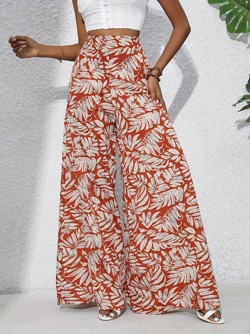 Women’s Wide-Leg Trousers – High Waist – Lightweight Fabric – Floral Print – Full Length