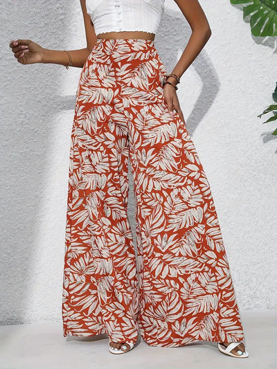 Women’s Wide-Leg Trousers – High Waist – Lightweight Fabric – Floral Print – Full Length