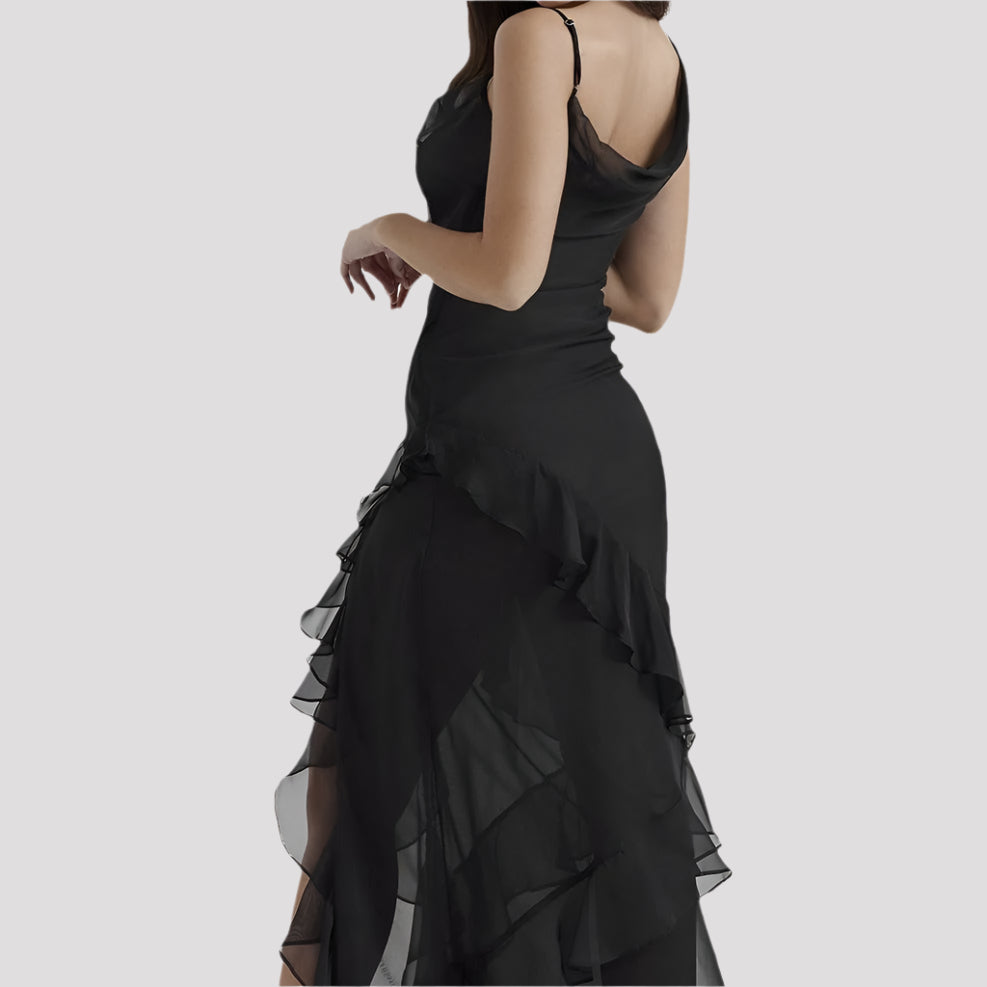 Women’s Evening Dress – Slim Fit – V-Neck – Spaghetti Straps – Ruffled High-Low Hem