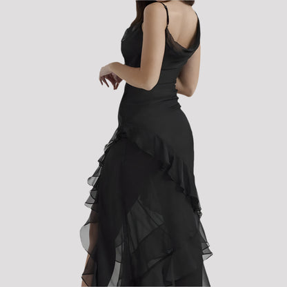Women’s Evening Dress – Slim Fit – V-Neck – Spaghetti Straps – Ruffled High-Low Hem