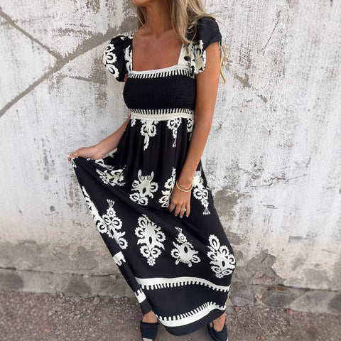 Women’s Maxi Dress – Smocked Bodice – Ruffled Sleeves – Square Neck – Breathable Blend