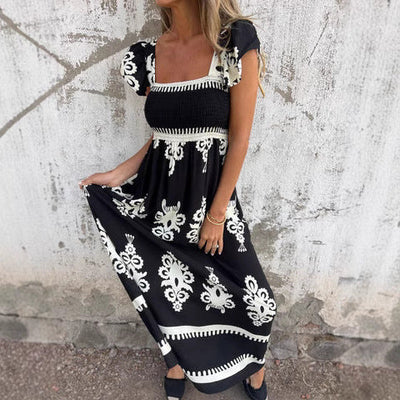 Women’s Maxi Dress – Smocked Bodice – Ruffled Sleeves – Square Neck – Breathable Blend