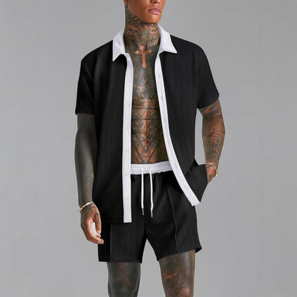 Men’s Shirt and Shorts Set – Cotton Blend – Relaxed Fit – Revere Collar – Drawstring Waist
