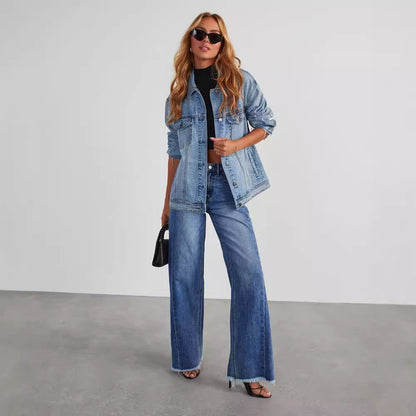 Women’s Wide-Leg Jeans – Sturdy Denim – Relaxed Fit – Raw Hem – Floor-Length Casual Wear