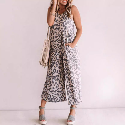 Women’s Jumpsuit – Sleeveless V-Neck – Loose Fit – Cropped Wide Leg – Leopard Print