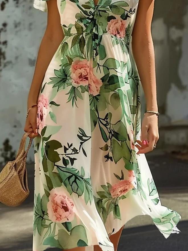 Women’s Midi Dress – Lightweight Chiffon – V-Neck – Ruffled Sleeves – Floral Print