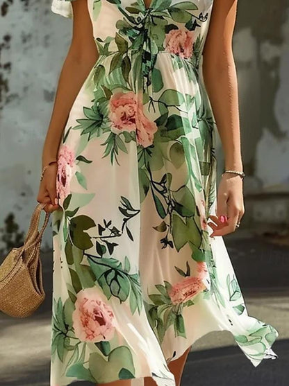 Women’s Midi Dress – Lightweight Chiffon – V-Neck – Ruffled Sleeves – Floral Print