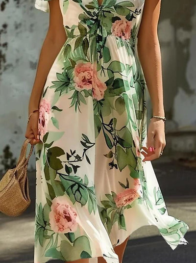 Women’s Midi Dress – Lightweight Chiffon – V-Neck – Ruffled Sleeves – Floral Print