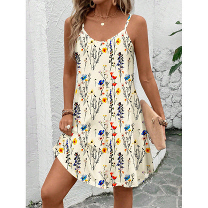 Women’s Casual Mini Dress – Floral Print – Relaxed A-Line Fit – Cotton – Adjustable Straps