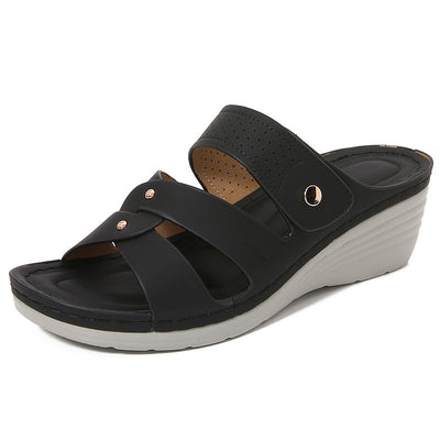 Women’s Wedge Sandals – Open Toe – Slip-On – Rivet Strap – Cushioned Insole