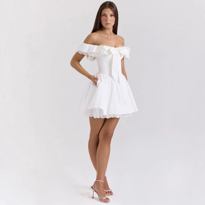 Women’s Off-Shoulder Mini Dress – Fitted Bodice – Ruffled Neckline – Lace Trim – Bow Detail