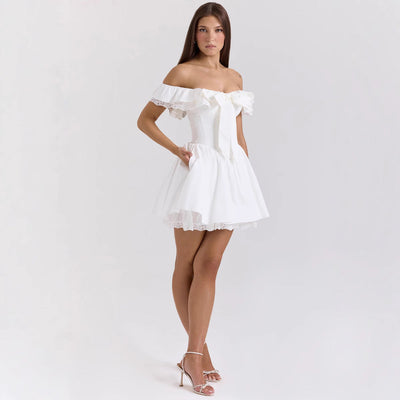 Women’s Off-Shoulder Mini Dress – Fitted Bodice – Ruffled Neckline – Lace Trim – Bow Detail
