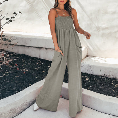 Women’s Jumpsuit – Relaxed Fit – Wide Leg – Ruched Bodice – Spaghetti Straps – Breathable Fabric
