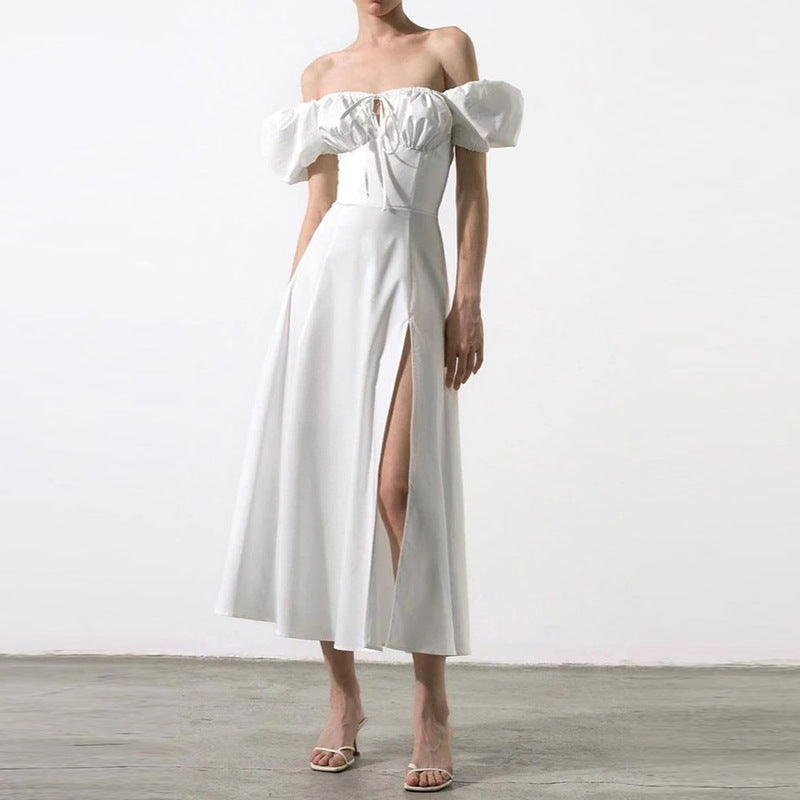 Women’s Midi Dress – Off-Shoulder – Puff Sleeve – Tie Neck – High Slit A-Line Fit