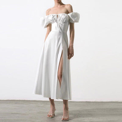 Women’s Midi Dress – Off-Shoulder – Puff Sleeve – Tie Neck – High Slit A-Line Fit