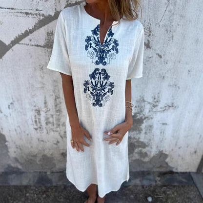 Women’s Midi Dress – Relaxed Fit – Embroidered Front – Natural Fibers – Short Sleeve