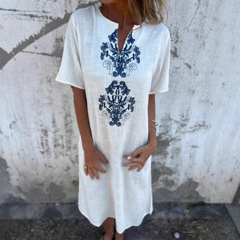 Women’s Midi Dress – Relaxed Fit – Embroidered Front – Natural Fibers – Short Sleeve