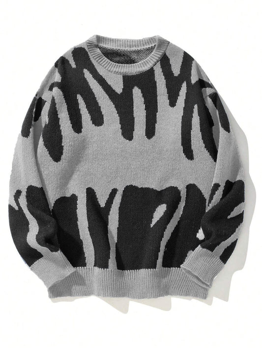 Women’s Knit Sweater – Relaxed Fit – Jacquard Pattern – Ribbed Crew Neck – Long Sleeve